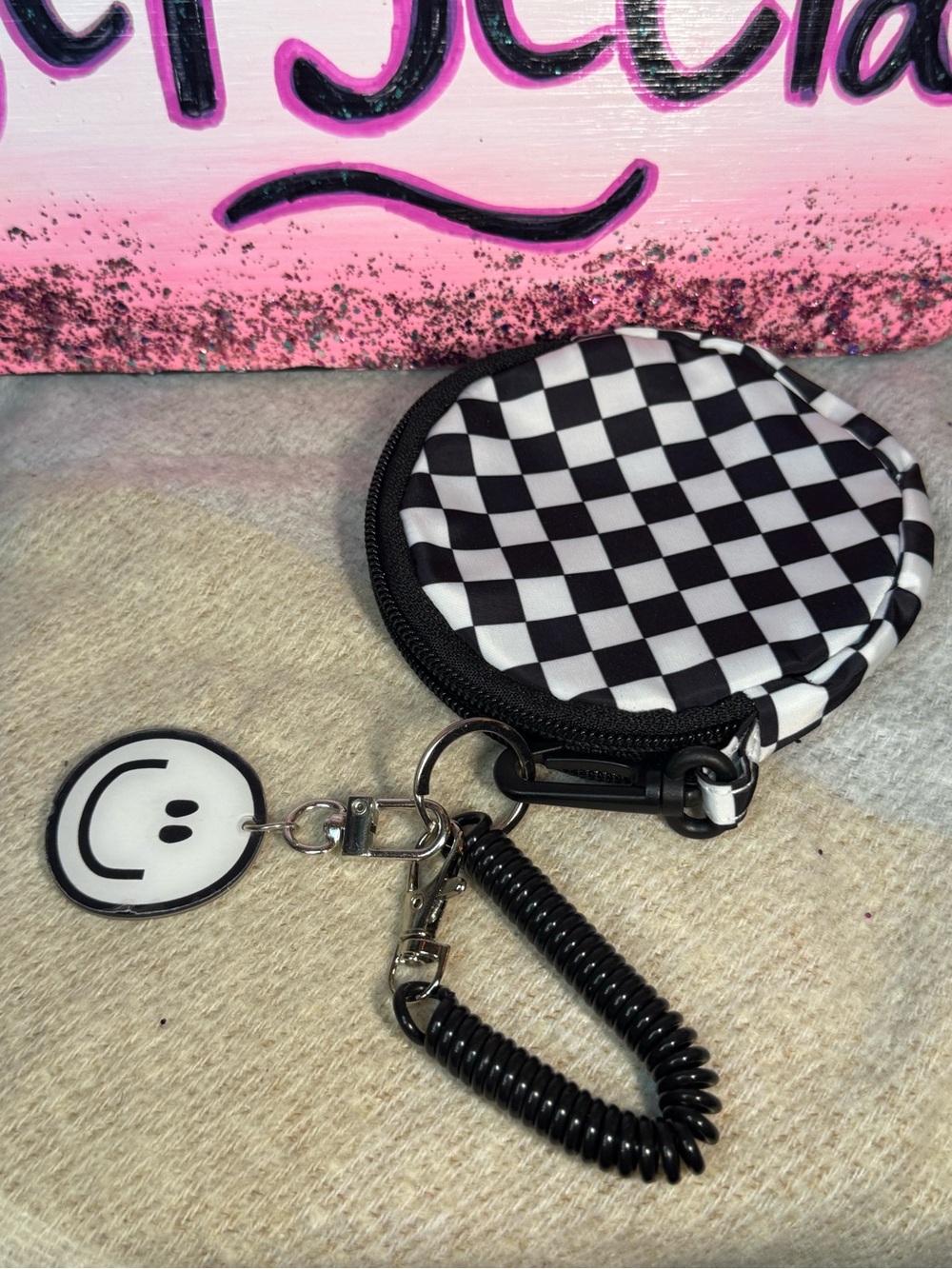 Checkerboard Coin & Key Pouch with Smiley Charm - Black & White - Picture 3 of 4